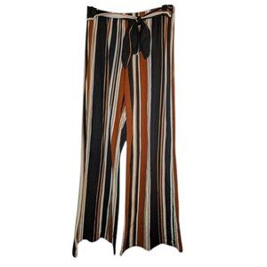 Maxine Nichols Elastic Waist Pull On Wide Leg Palazzo Striped Tie Belt Pant Navy